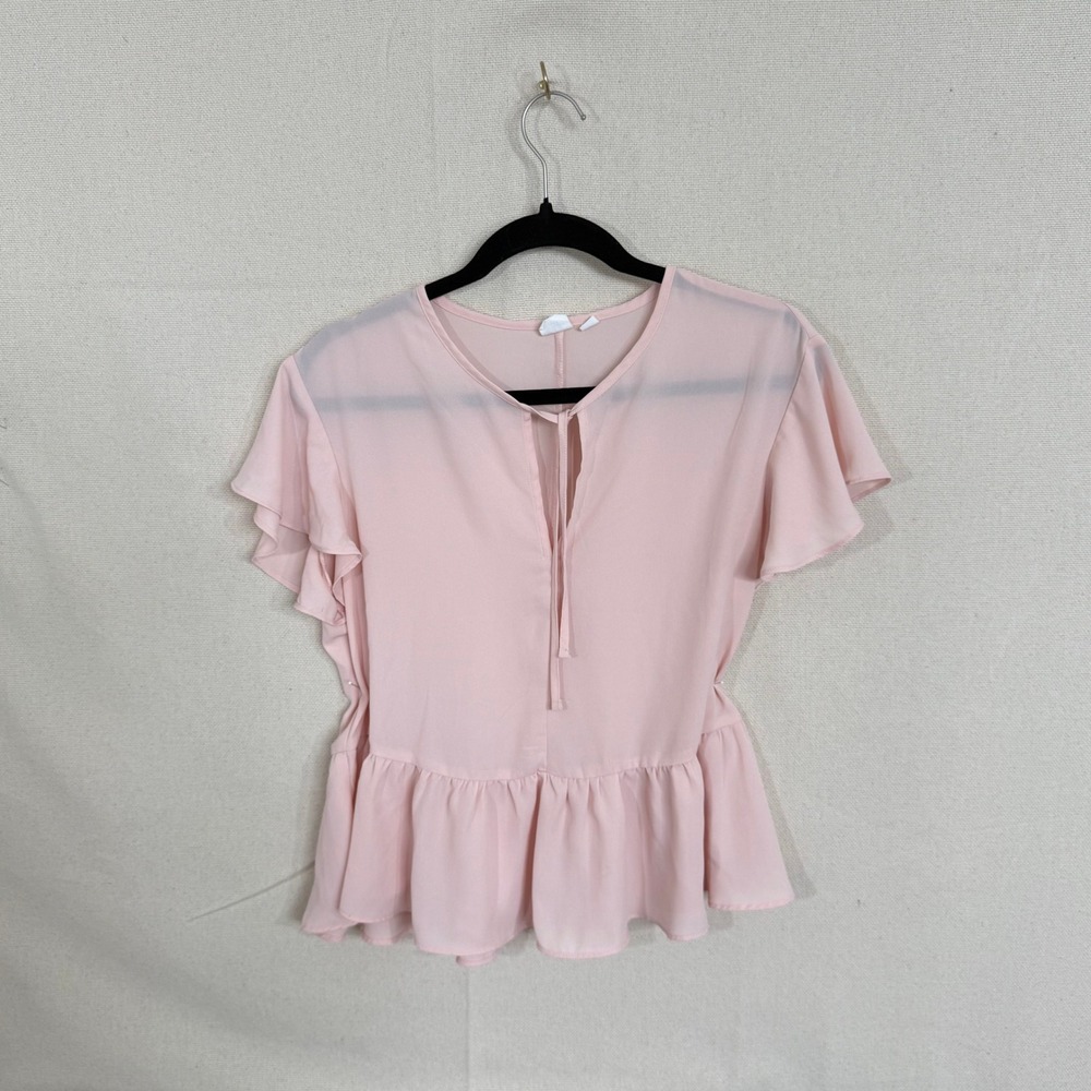 GAP Womens Pink Flutter Sleeve Peplum Tie Neck Blouse Top Small